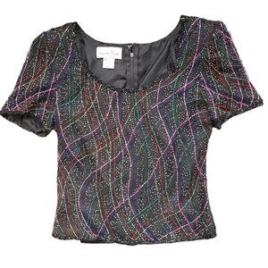 final Vintage Silk Beaded Top Laurence Kazar Womens Petite Small Black